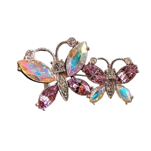 Borealis & Purple Crystal Rhinestone, Vintage Double Butterfly Pin by Avon - Picture 1 of 2